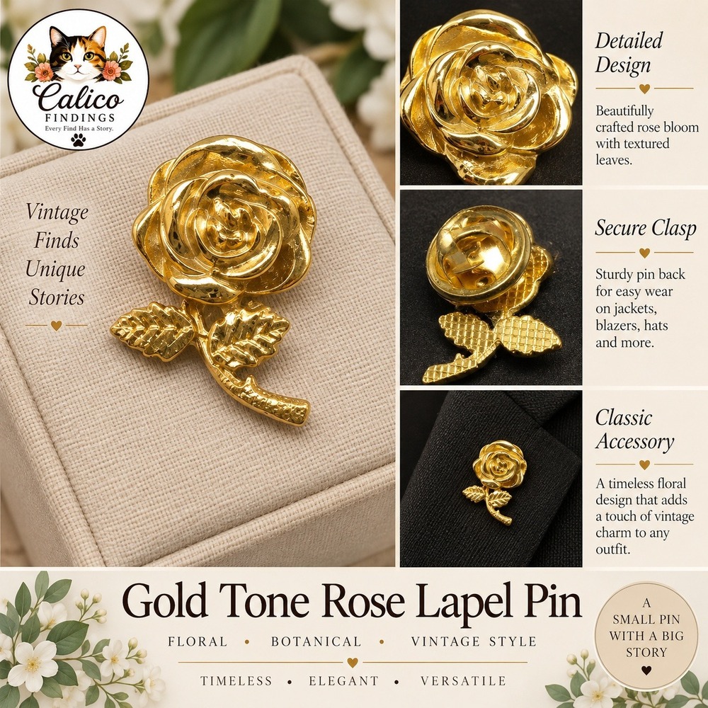 Gold Tone Rose Flower Lapel Pin Floral Botanical Suit Accessory